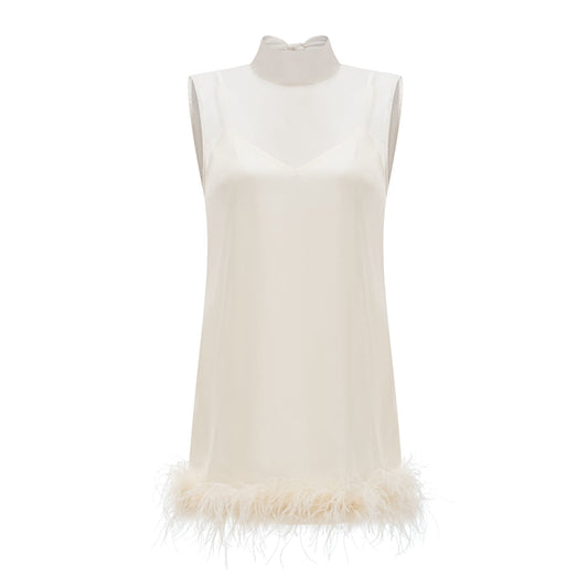 Adrienne White Feather Trim Mini Dress