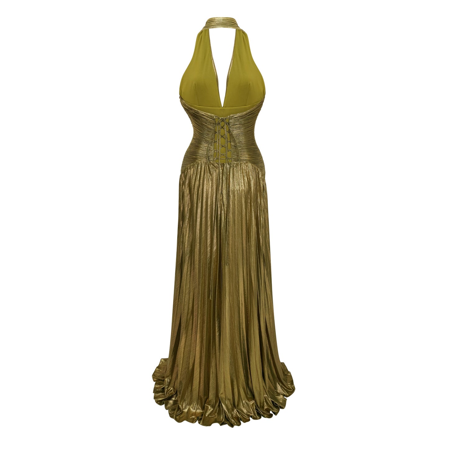 Nadya Olive Green Halterneck Ruched Maxi Dress