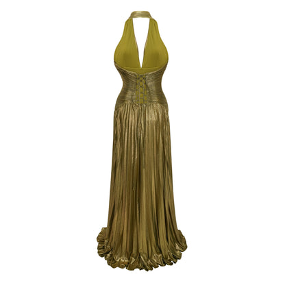 Nadya Olive Green Halterneck Ruched Maxi Dress
