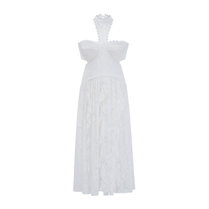 Evelyn White Halterneck Lace Maxi Dress