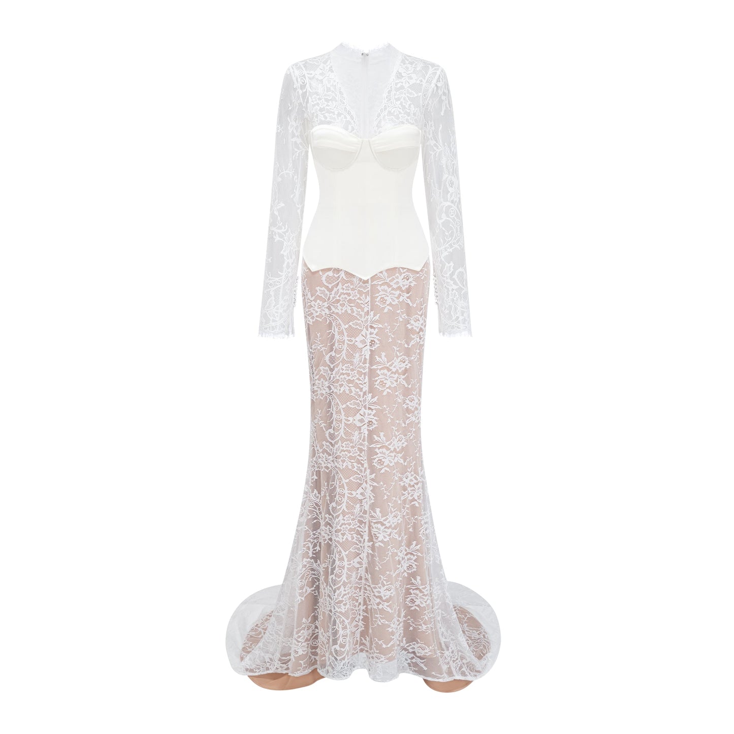 Bethany White Asymmetrical Lace Maxi Dress