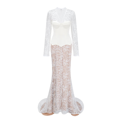 Bethany White Asymmetrical Lace Maxi Dress