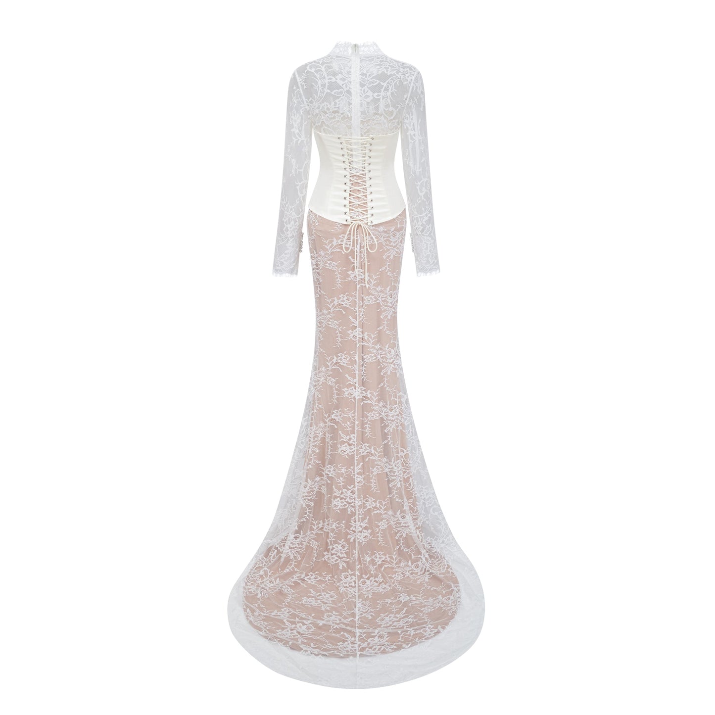 Bethany White Asymmetrical Lace Maxi Dress