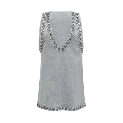 Daphné Mavi Kristal Kolsuz Denim Mini Elbise