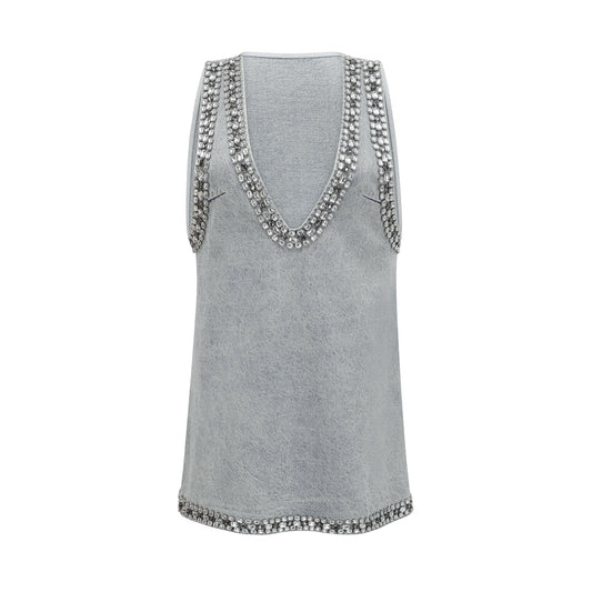 Daphné Mavi Kristal Kolsuz Denim Mini Elbise