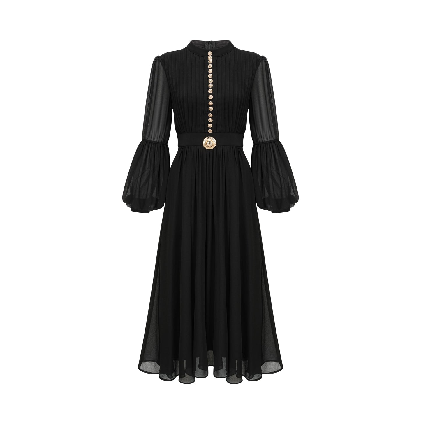 Viviane Black Pleated Button-Front Midi Dress