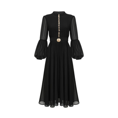 Viviane Black Pleated Button-Front Midi Dress