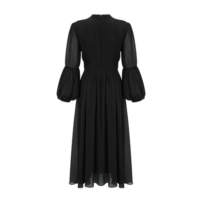Viviane Black Pleated Button-Front Midi Dress