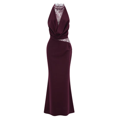 Gioconda Burgundy Halterneck Lace Panel Maxi Dress