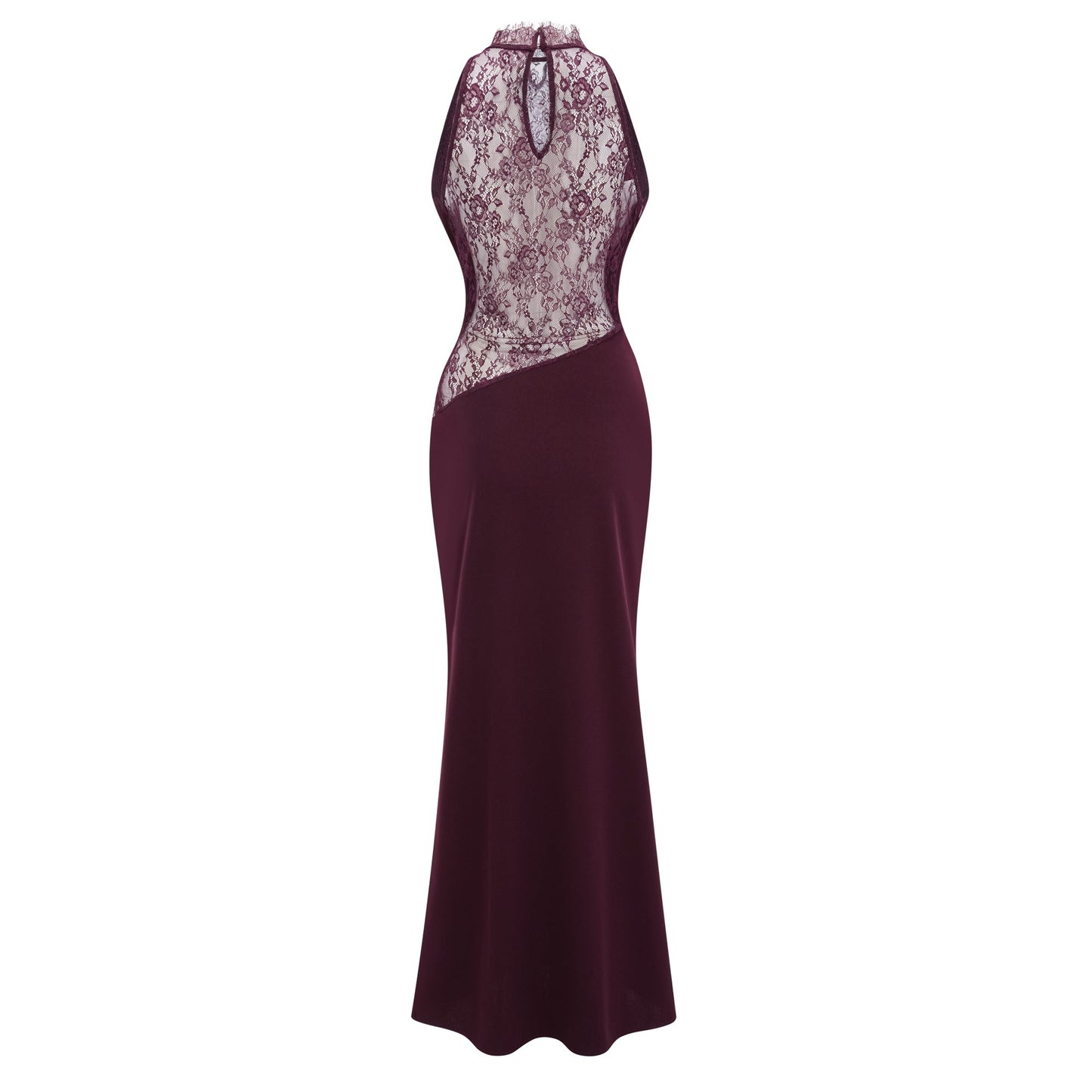 Gioconda Burgundy Halterneck Lace Panel Maxi Dress