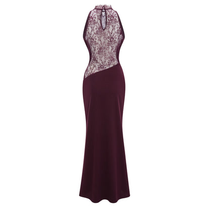 Gioconda Burgundy Halterneck Lace Panel Maxi Dress