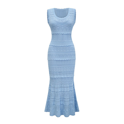 Mailys Blue Ruffled-Trim Crochet-Knit Midi Dress
