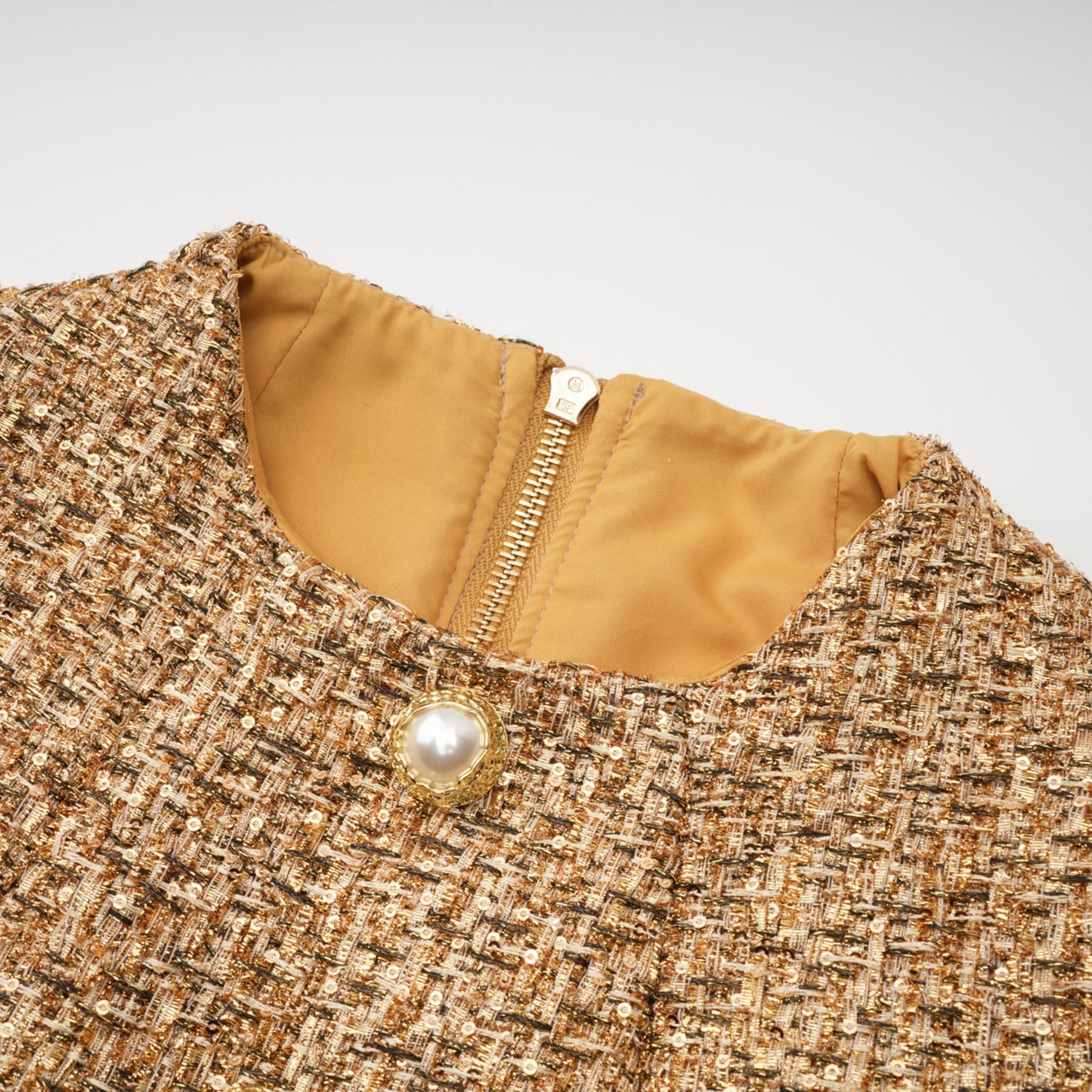 Arna Gold Round Neck Tweed Mini Dress