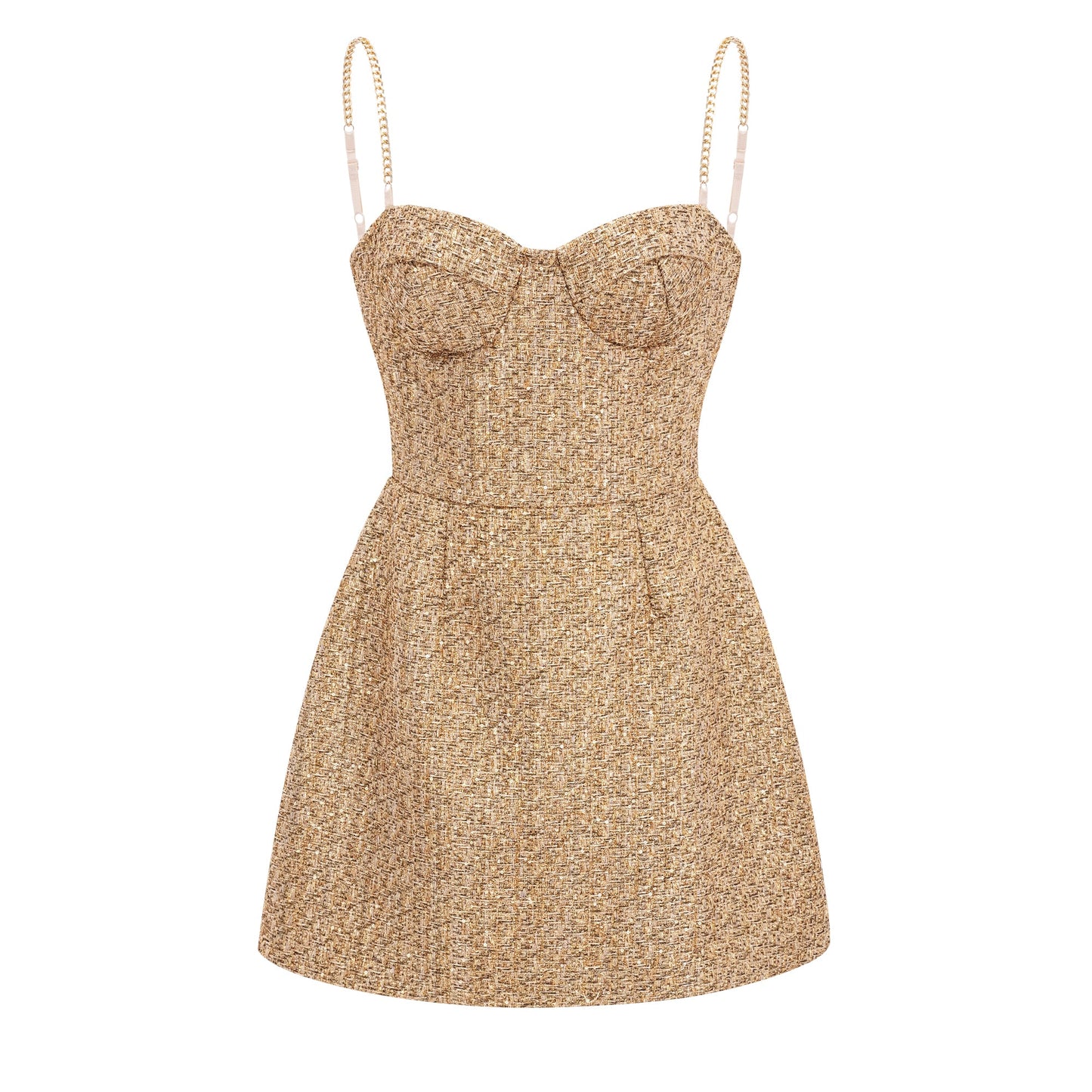 Arna Gold Sweetheart Neckline Tweed Mini Dress