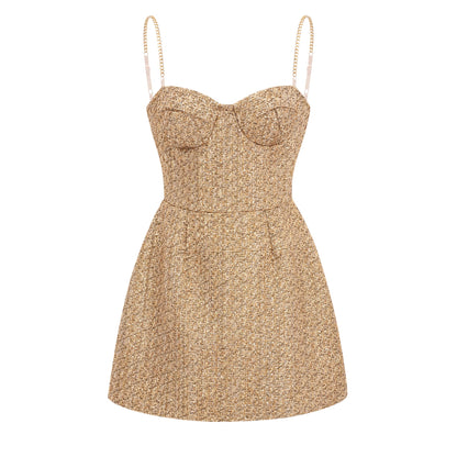 Arna Gold Sweetheart Neckline Tweed Mini Dress