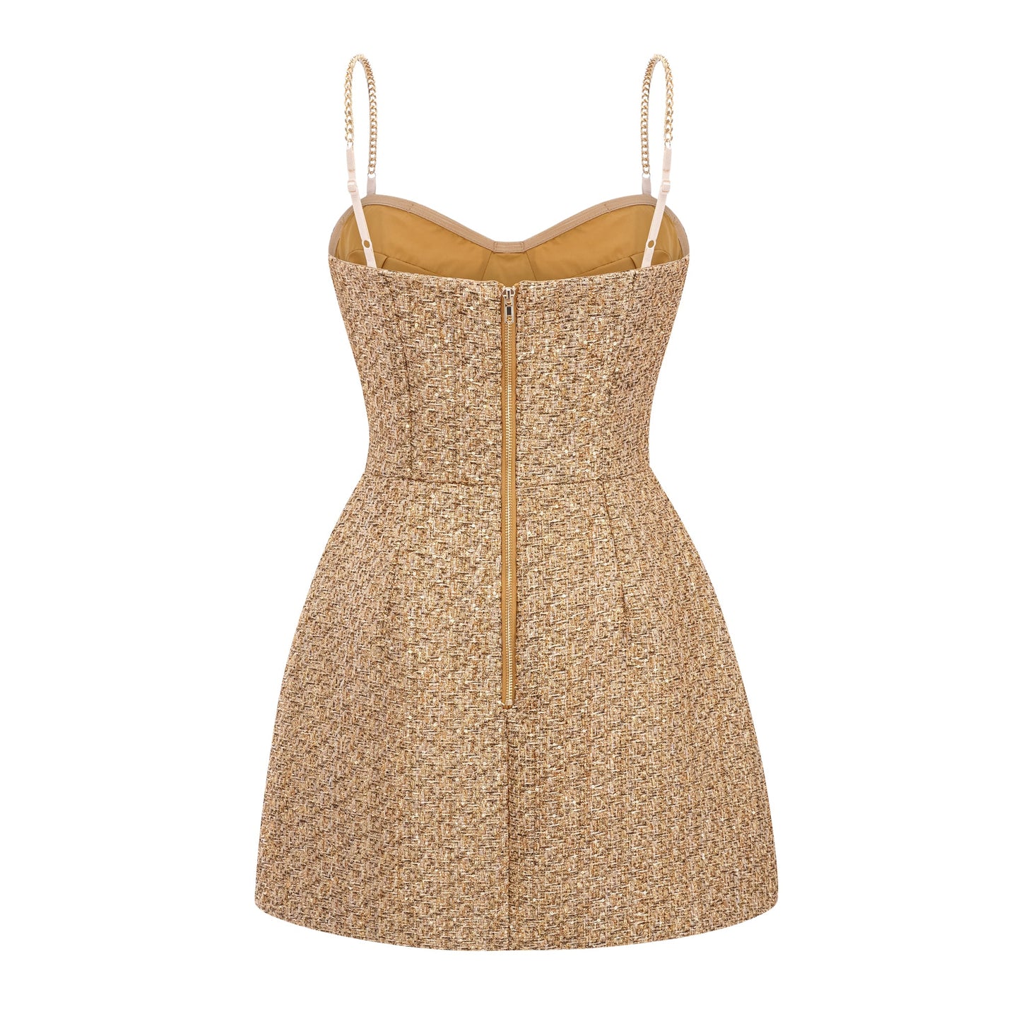 Arna Gold Sweetheart Neckline Tweed Mini Dress