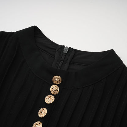 Viviane Black Pleated Button-Front Midi Dress