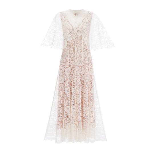 Alaia White Cape Design Floral Lace Midi Dress