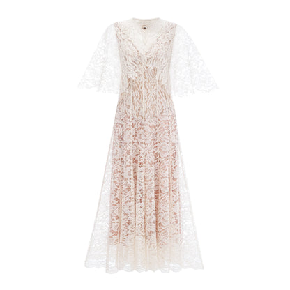 Alaia White Cape Design Floral Lace Midi Dress