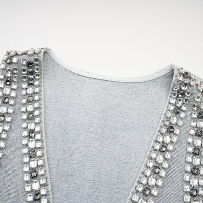 Daphné Mavi Kristal Kolsuz Denim Mini Elbise