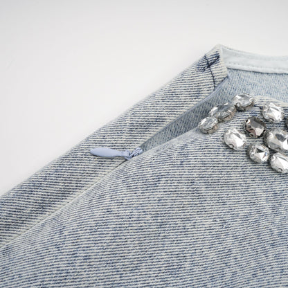 Daphné Mavi Kristal Kolsuz Denim Mini Elbise