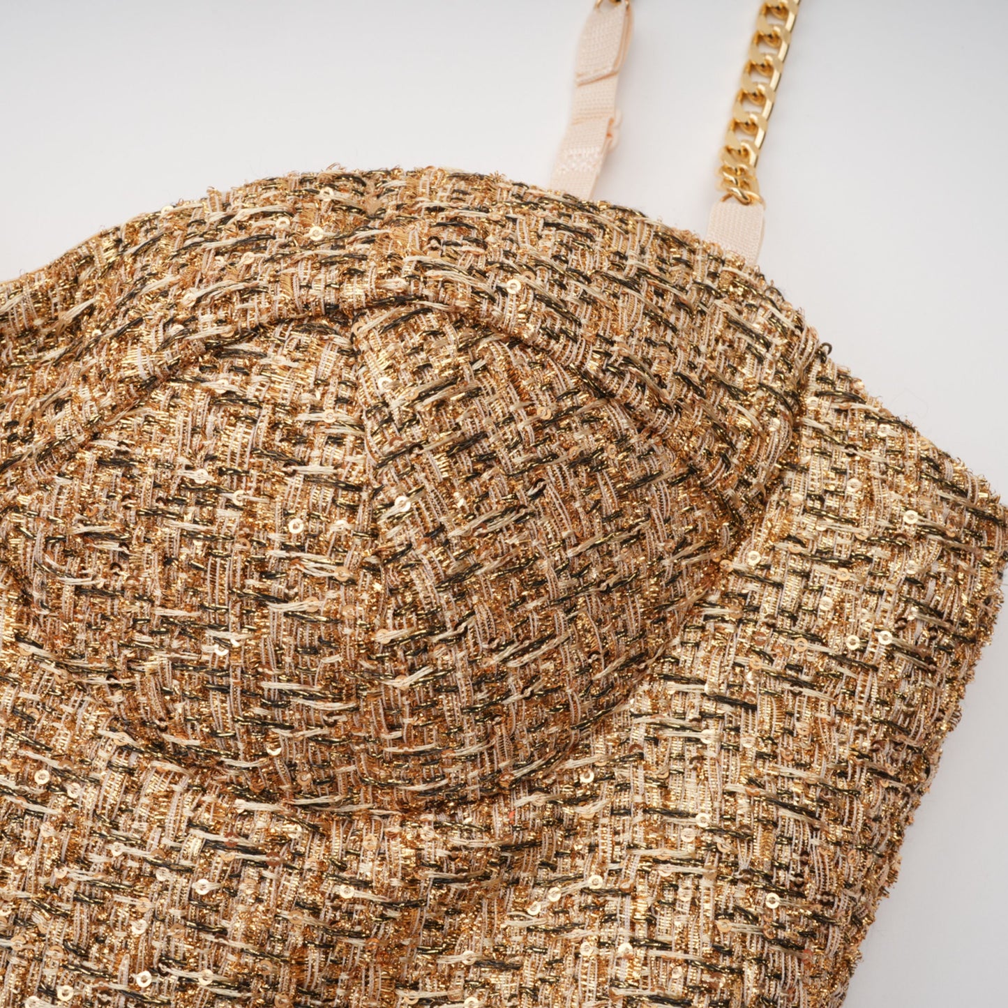 Arna Gold Sweetheart Neckline Tweed Mini Dress
