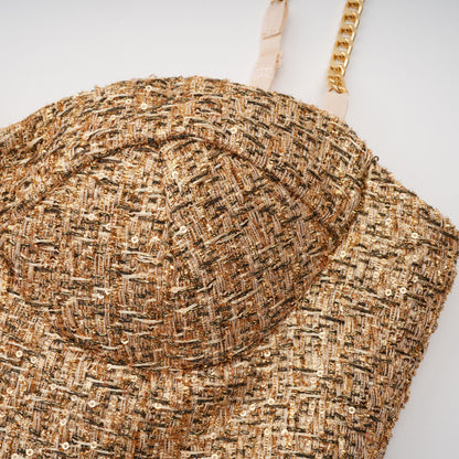 Arna Gold Sweetheart Neckline Tweed Mini Dress