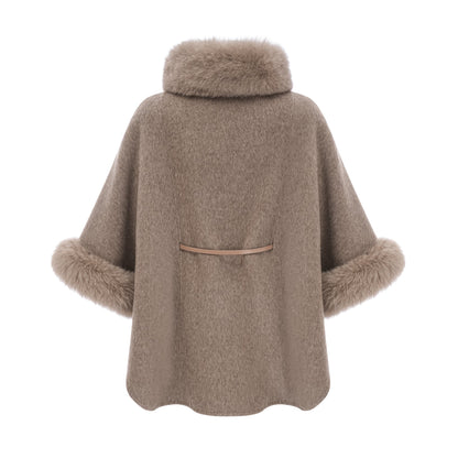 Chloris wool fur belted cape coat in Brown