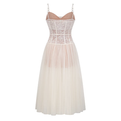 Mira Neutrals Lace Panel Tulle Midi Dress