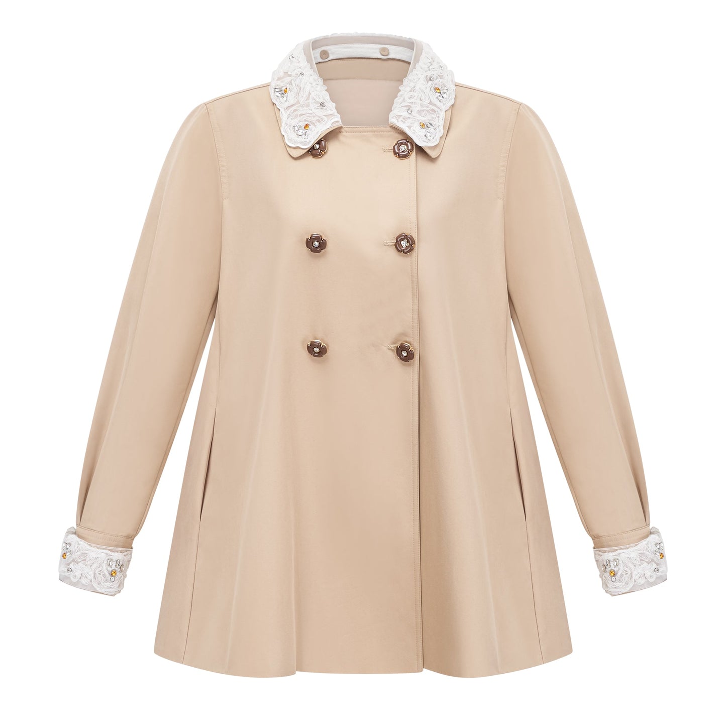 Marta Khaki Embellished Lace Trim Trench Coat