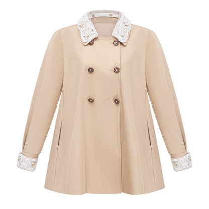 Marta Khaki Embellished Lace Trim Trench Coat