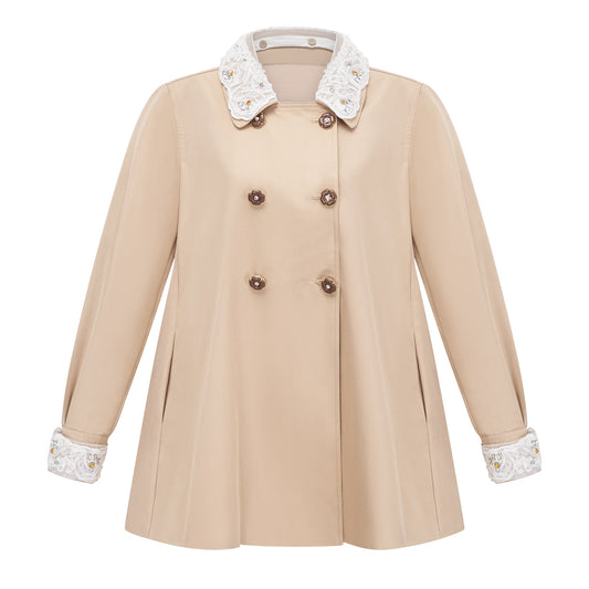 Marta Khaki Embellished Lace Trim Trench Coat