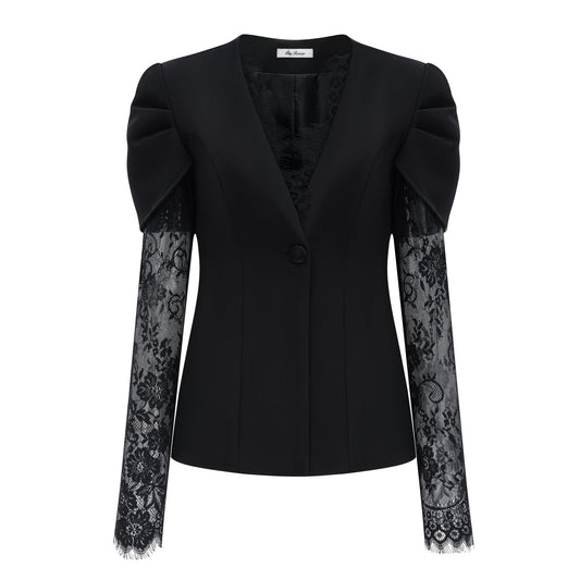 Saffron Black Collarless Blazer with Lace Trim