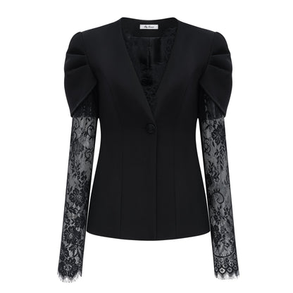 Saffron Black Collarless Blazer with Lace Trim