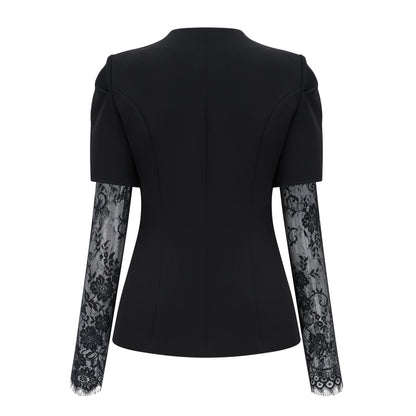 Saffron Black Collarless Blazer with Lace Trim