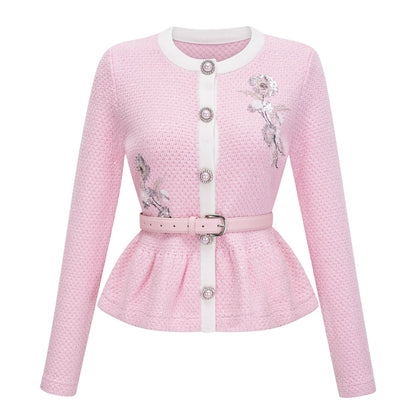 Ásdís Pink Sequined Knit Cardigan & Skirt Set
