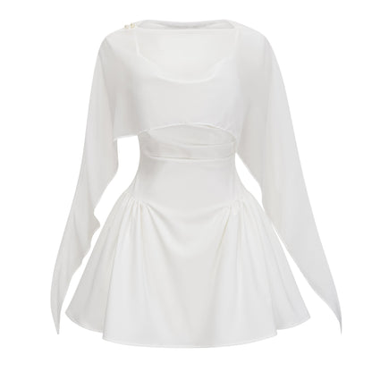 Sarah White Cinched Waist Mini Dress with Cape