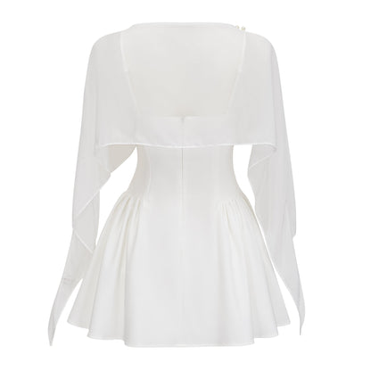 Sarah White Cinched Waist Mini Dress with Cape