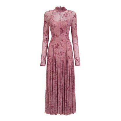 Ariadne Pembe Floklu Tül Maxi Elbise