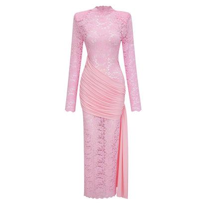 Nuria Pink Ribbon Detail Floral Lace Midi Dress