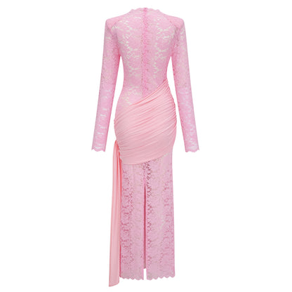 Nuria Pink Ribbon Detail Floral Lace Midi Dress
