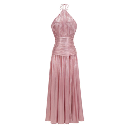 Alchimie Pink Glossy Pleated Maxi Dress