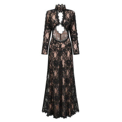 Kenza Black Cut Out Floral Lace Maxi Dress