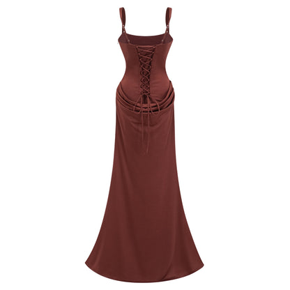 Paulette Brown Ruched Corset Maxi Dress