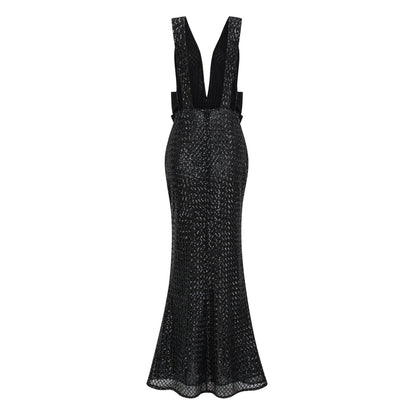 Raelynn Siyah Derin V Yaka Bodycon Maxi Elbise