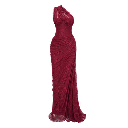 Stefania Ruby Red Floral Lace Maxi Gown
