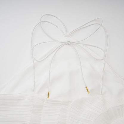 Doux White Ruffled Trim Pleated Midi Dress