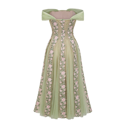 Eleni Green Tulle Panel Floral Midi Dress