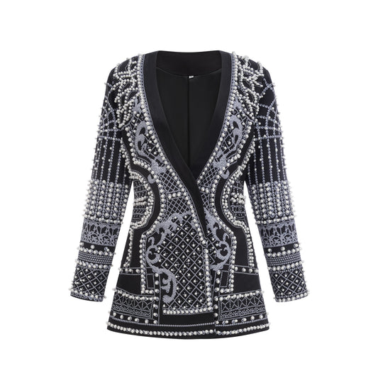 Catherine desenli V yaka blazer elbise