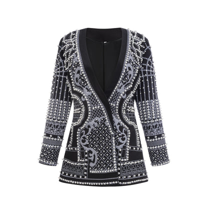 Catherine desenli V yaka blazer elbise